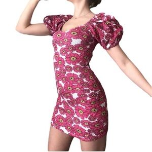 NWT ZARA Floral Print Balloon Short Sleeve Smocked Mini Dress Size Small